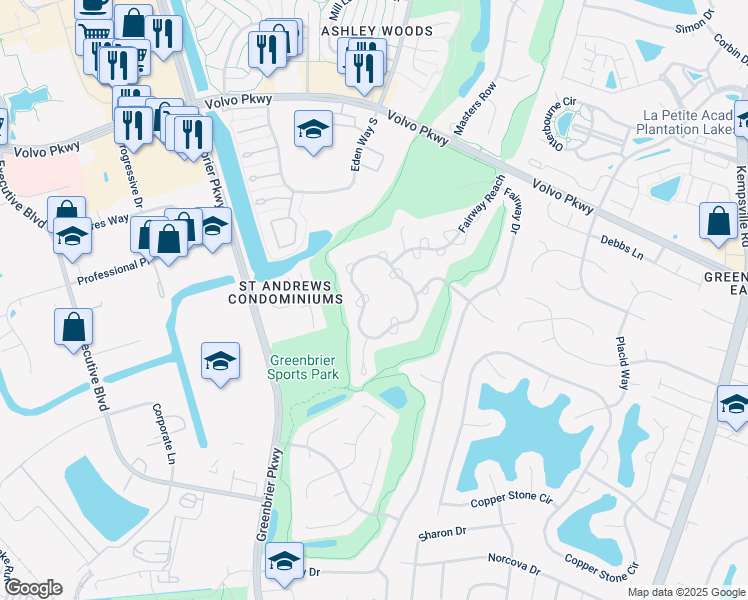map of restaurants, bars, coffee shops, grocery stores, and more near 930 Shoal Creek Trail in Chesapeake