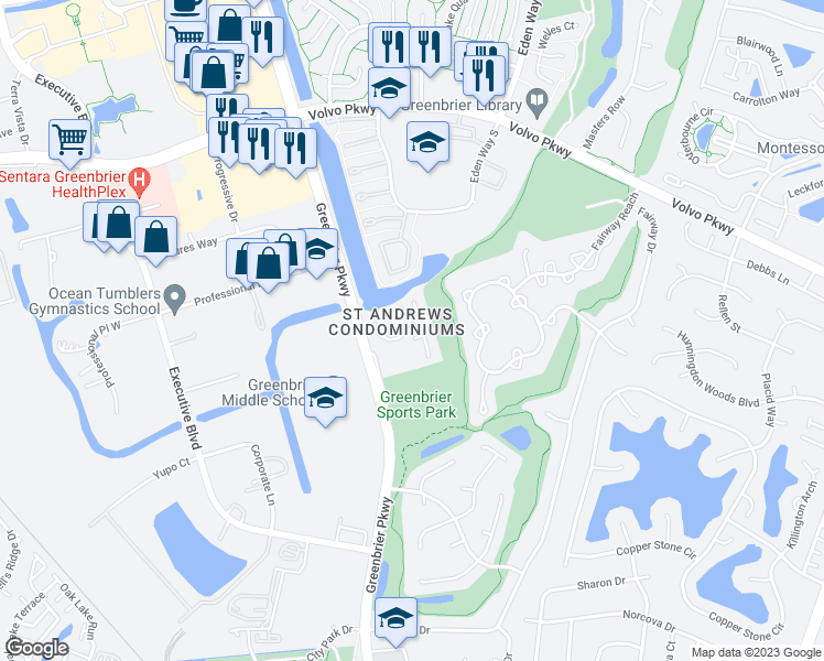 map of restaurants, bars, coffee shops, grocery stores, and more near 1020 Saint Andrews Way in Chesapeake