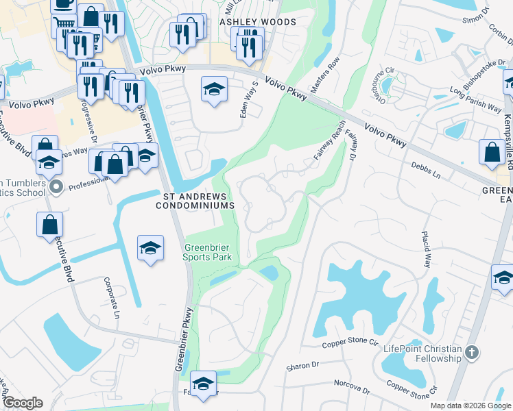 map of restaurants, bars, coffee shops, grocery stores, and more near 930 Shoal Creek Trail in Chesapeake