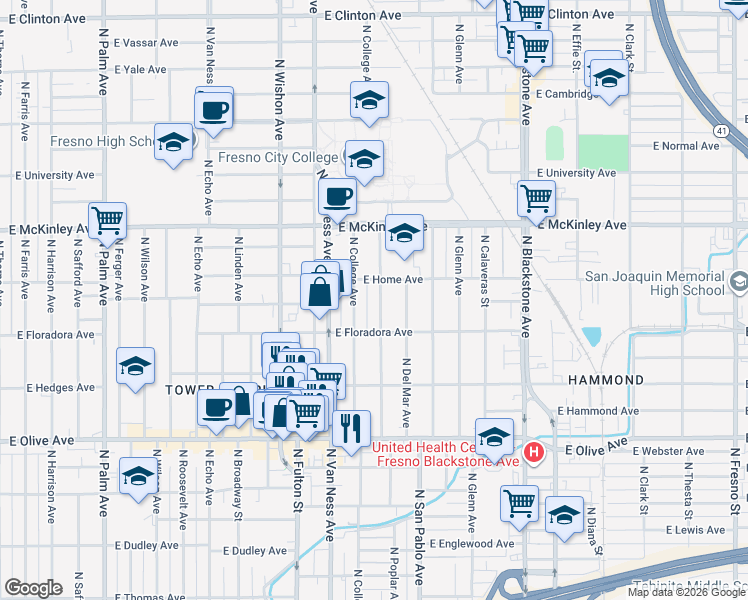 map of restaurants, bars, coffee shops, grocery stores, and more near 1432 North College Avenue in Fresno