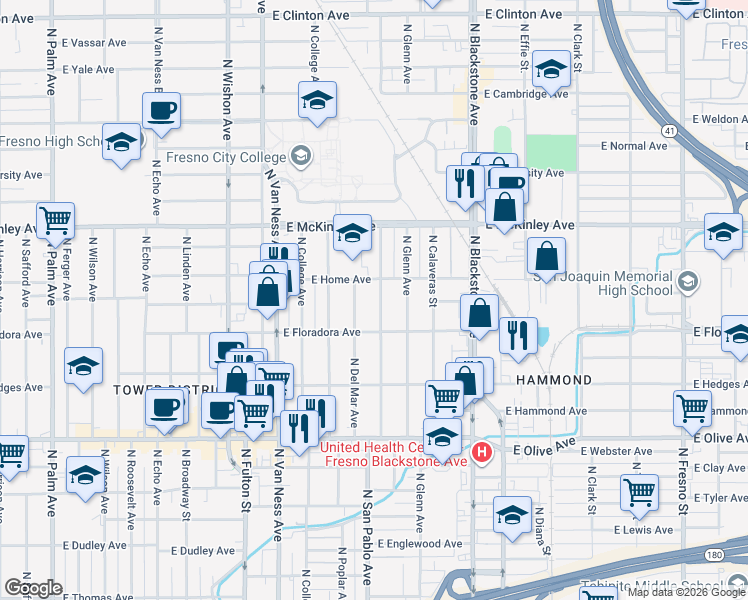 map of restaurants, bars, coffee shops, grocery stores, and more near 1427 North San Pablo Avenue in Fresno