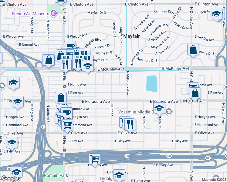 map of restaurants, bars, coffee shops, grocery stores, and more near 1452 North 5th Street in Fresno