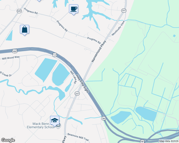 map of restaurants, bars, coffee shops, grocery stores, and more near 1600 Nansemond Parkway in Suffolk