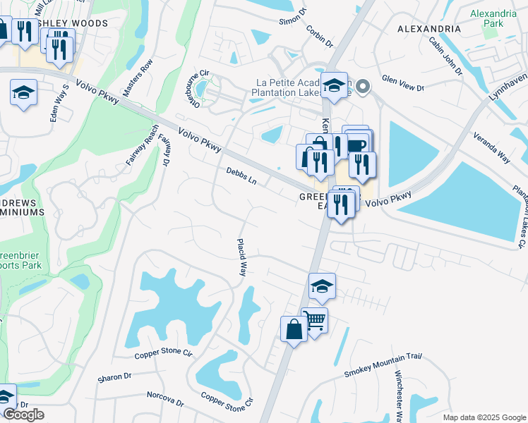 map of restaurants, bars, coffee shops, grocery stores, and more near 1321 Placid Way in Chesapeake