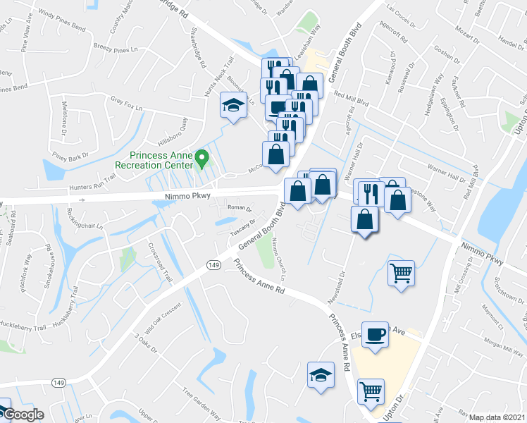 map of restaurants, bars, coffee shops, grocery stores, and more near 1310 Tuscany Drive in Virginia Beach