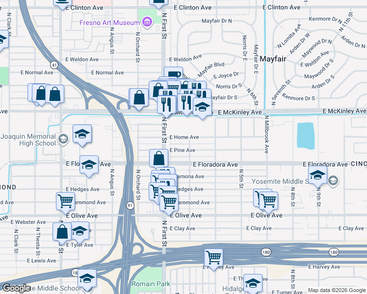 map of restaurants, bars, coffee shops, grocery stores, and more near 3240 East Pine Avenue in Fresno