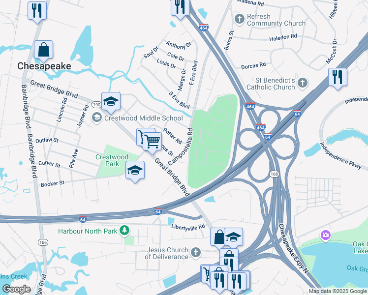map of restaurants, bars, coffee shops, grocery stores, and more near 1028 Shelley Street in Chesapeake