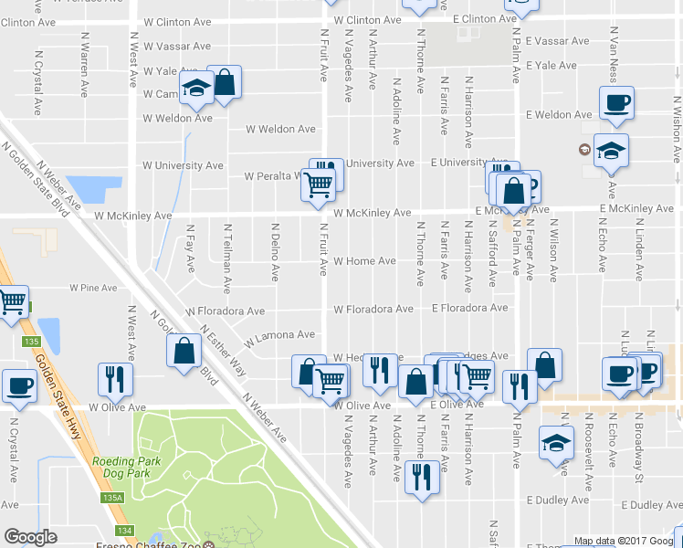 map of restaurants, bars, coffee shops, grocery stores, and more near 1473 North Vagedes Avenue in Fresno