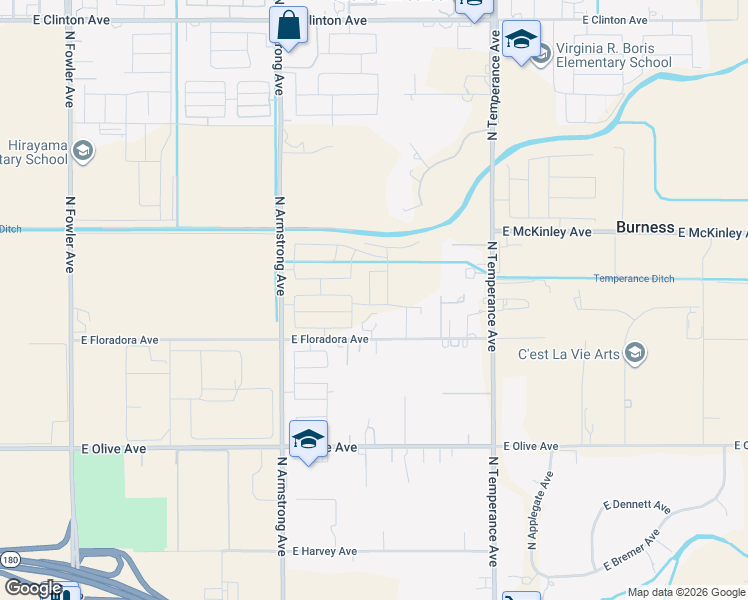 map of restaurants, bars, coffee shops, grocery stores, and more near 6672 E Floradora Ave in Fresno