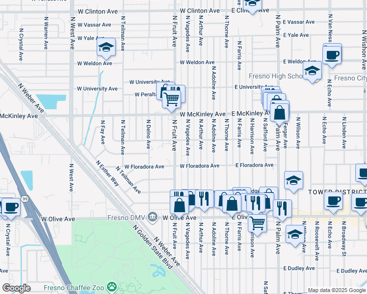 map of restaurants, bars, coffee shops, grocery stores, and more near 1473 North Vagedes Avenue in Fresno