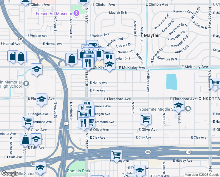 map of restaurants, bars, coffee shops, grocery stores, and more near 3303 East Pine Avenue in Fresno