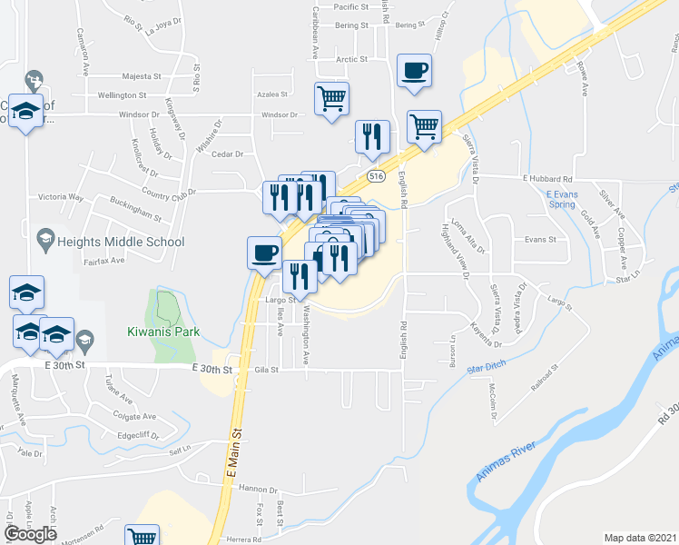 map of restaurants, bars, coffee shops, grocery stores, and more near 4400 Largo Street in Farmington