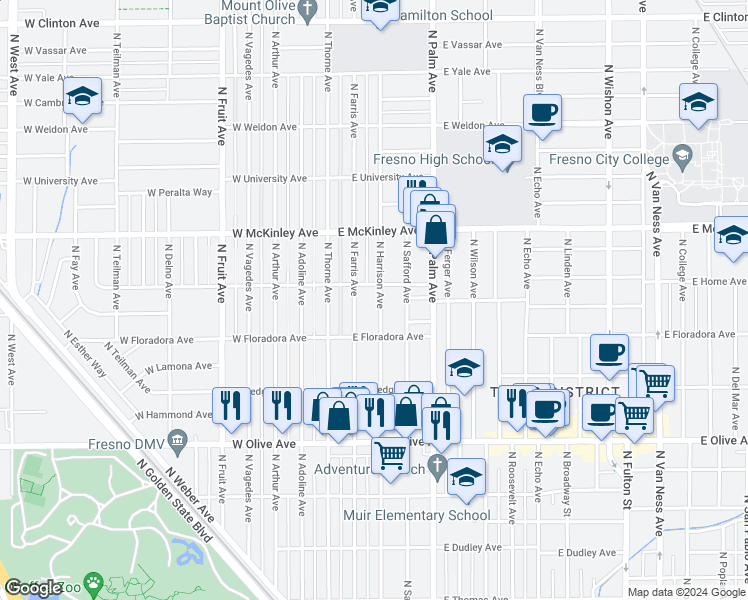 map of restaurants, bars, coffee shops, grocery stores, and more near 1465 North Harrison Avenue in Fresno