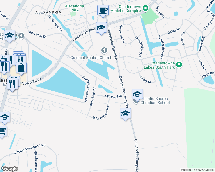 map of restaurants, bars, coffee shops, grocery stores, and more near 1253 Veranda Way in Chesapeake