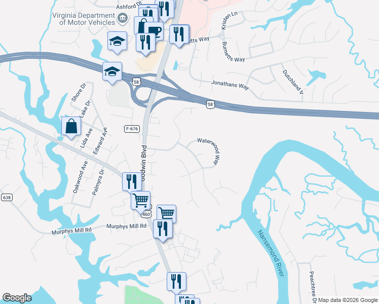 map of restaurants, bars, coffee shops, grocery stores, and more near 112 Riverwood Trce in Suffolk