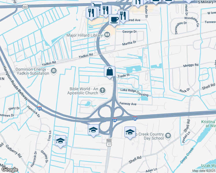 map of restaurants, bars, coffee shops, grocery stores, and more near 2809 Flag Road in Chesapeake