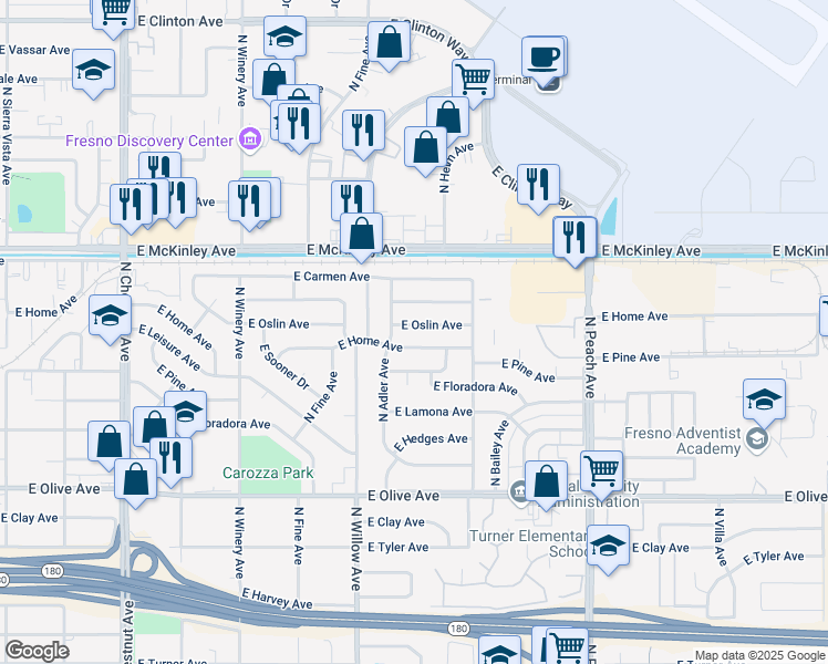 map of restaurants, bars, coffee shops, grocery stores, and more near 5040 East Home Avenue in Fresno
