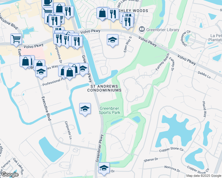map of restaurants, bars, coffee shops, grocery stores, and more near 1021 Saint Andrews Way in Chesapeake