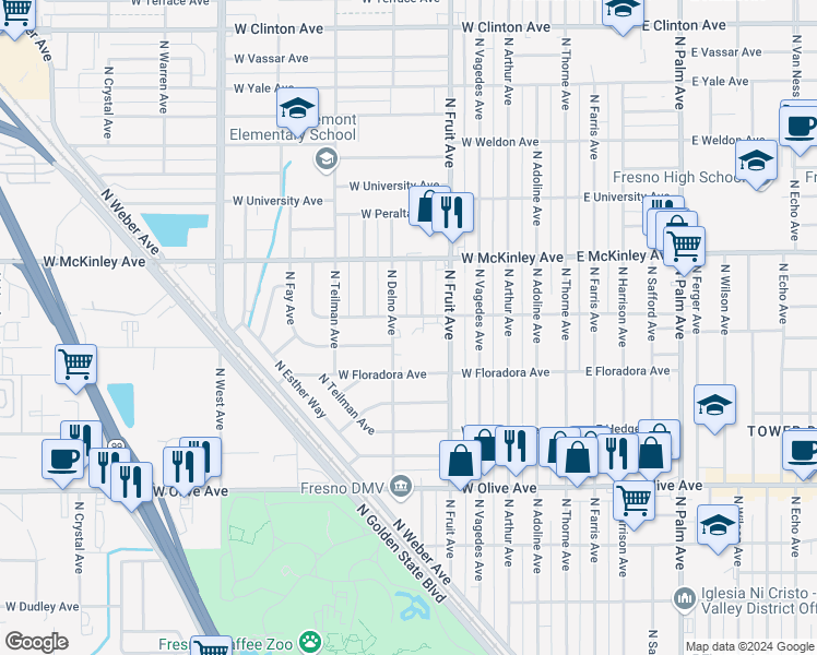 map of restaurants, bars, coffee shops, grocery stores, and more near 1450 North Delno Avenue in Fresno