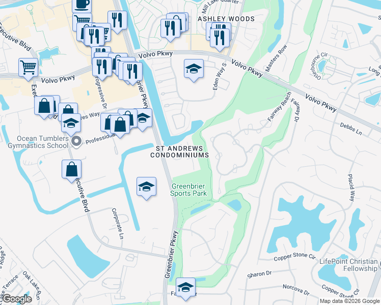 map of restaurants, bars, coffee shops, grocery stores, and more near 1008 Saint Andrews Way in Chesapeake