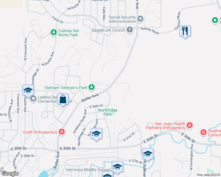 map of restaurants, bars, coffee shops, grocery stores, and more near 3900 North Butler Avenue in Farmington
