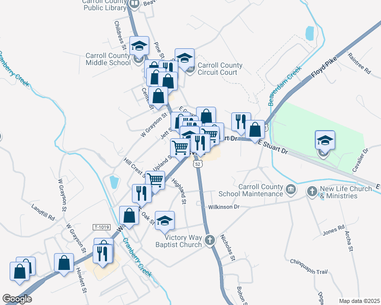 map of restaurants, bars, coffee shops, grocery stores, and more near in Hillsville