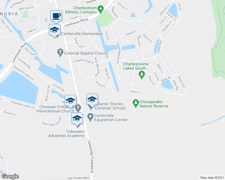 map of restaurants, bars, coffee shops, grocery stores, and more near 821 Stacey Place in Virginia Beach