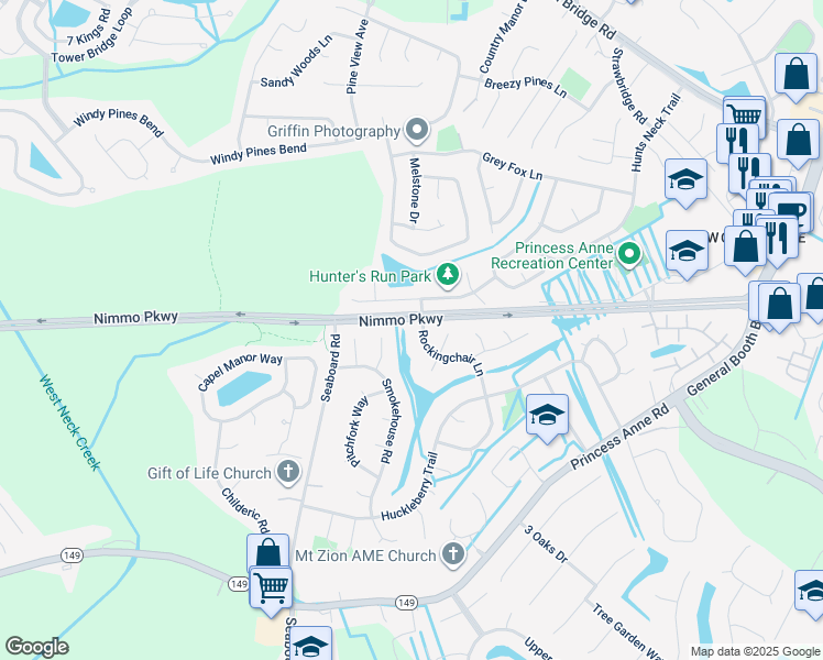 map of restaurants, bars, coffee shops, grocery stores, and more near 2249 Rockingchair Lane in Virginia Beach