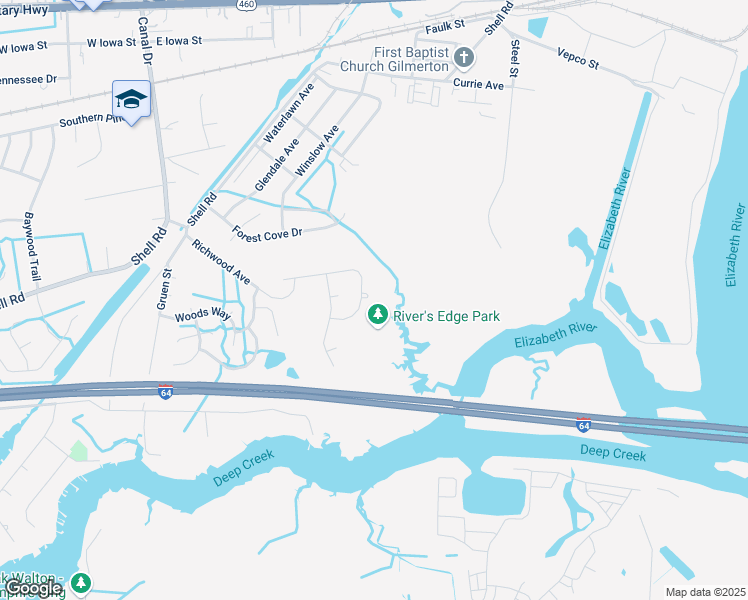 map of restaurants, bars, coffee shops, grocery stores, and more near 1303 Rivers Edge Trce in Chesapeake