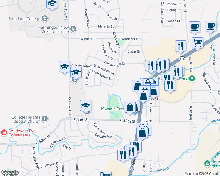 map of restaurants, bars, coffee shops, grocery stores, and more near 3450 East 30th Street in Farmington