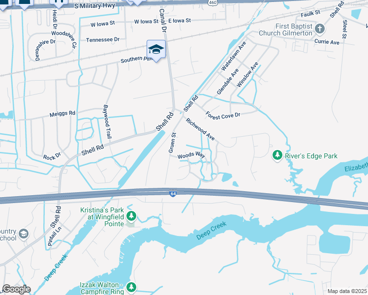 map of restaurants, bars, coffee shops, grocery stores, and more near 1205 Woods Way in Chesapeake