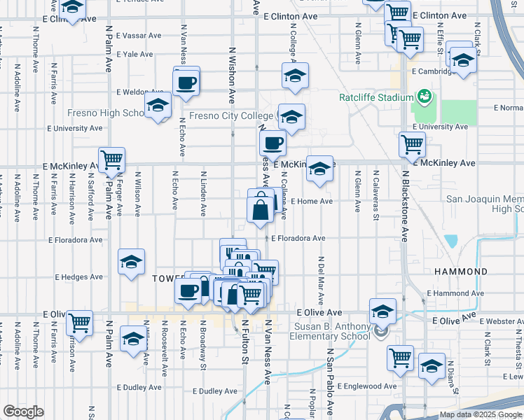 map of restaurants, bars, coffee shops, grocery stores, and more near 1437 North Van Ness Avenue in Fresno