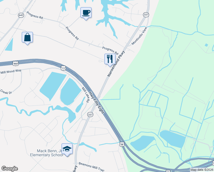 map of restaurants, bars, coffee shops, grocery stores, and more near 1600 Nansemond Parkway in Suffolk