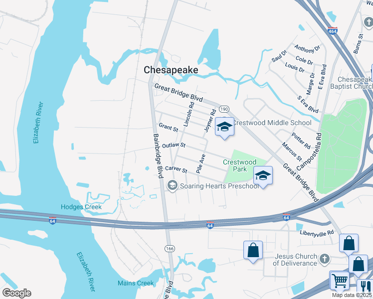 map of restaurants, bars, coffee shops, grocery stores, and more near 207 Outlaw Street in Chesapeake