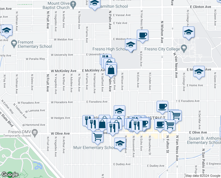 map of restaurants, bars, coffee shops, grocery stores, and more near 1472 N Palm Ave in Fresno