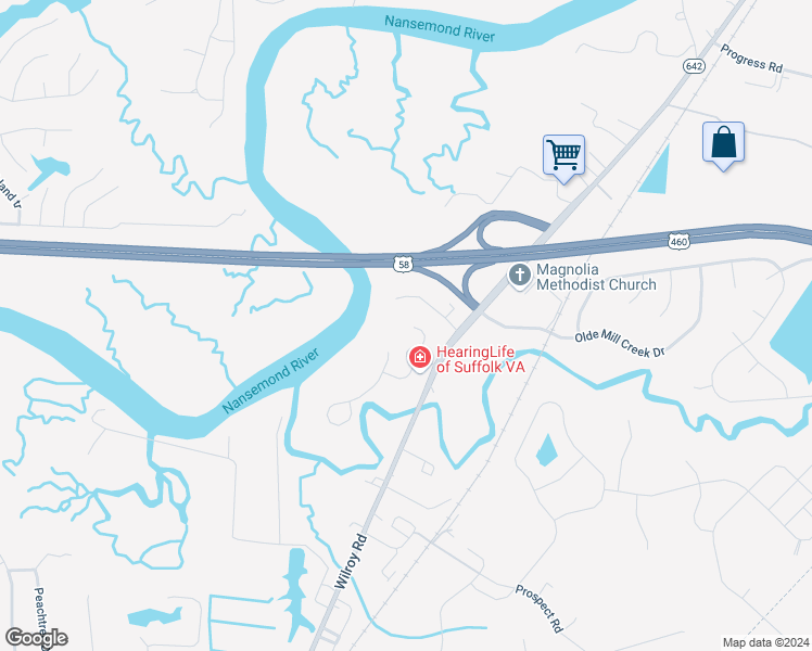 map of restaurants, bars, coffee shops, grocery stores, and more near 1719 North River Creek Landing in Suffolk