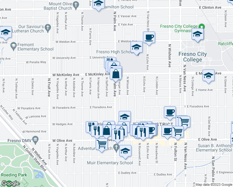 map of restaurants, bars, coffee shops, grocery stores, and more near 1470 North Palm Avenue in Fresno