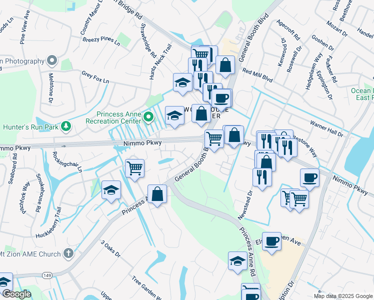 map of restaurants, bars, coffee shops, grocery stores, and more near 2102 Carrara Court in Virginia Beach
