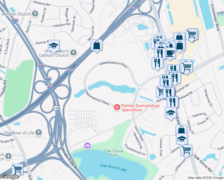 map of restaurants, bars, coffee shops, grocery stores, and more near Battlefield Corporate Center Trail in Chesapeake