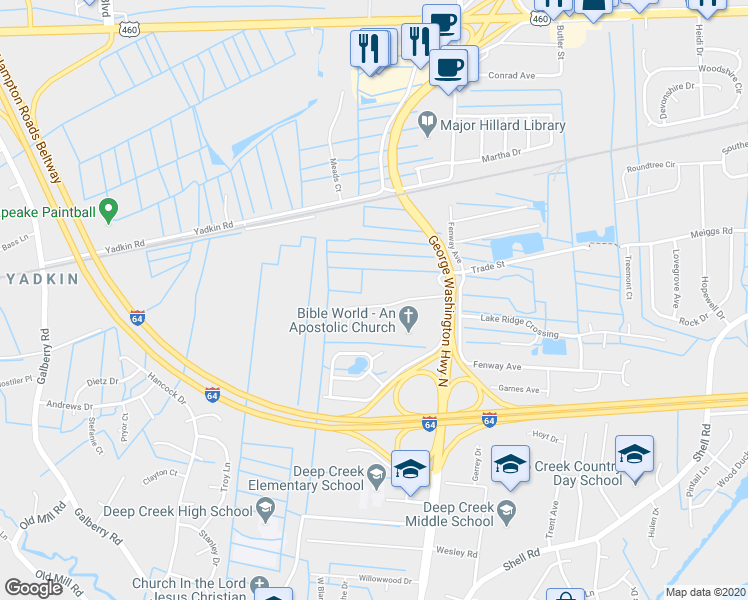 map of restaurants, bars, coffee shops, grocery stores, and more near 2840 Flag Road in Chesapeake