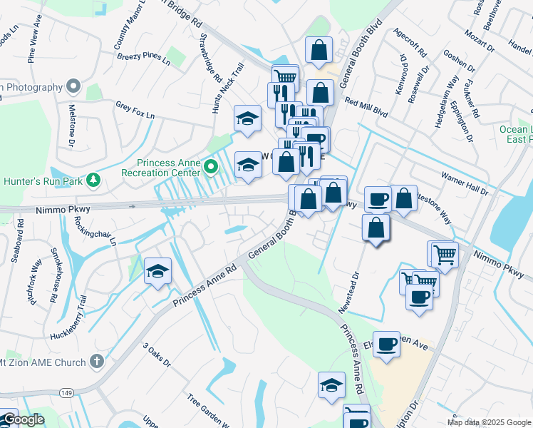 map of restaurants, bars, coffee shops, grocery stores, and more near 2102 Carrara Court in Virginia Beach