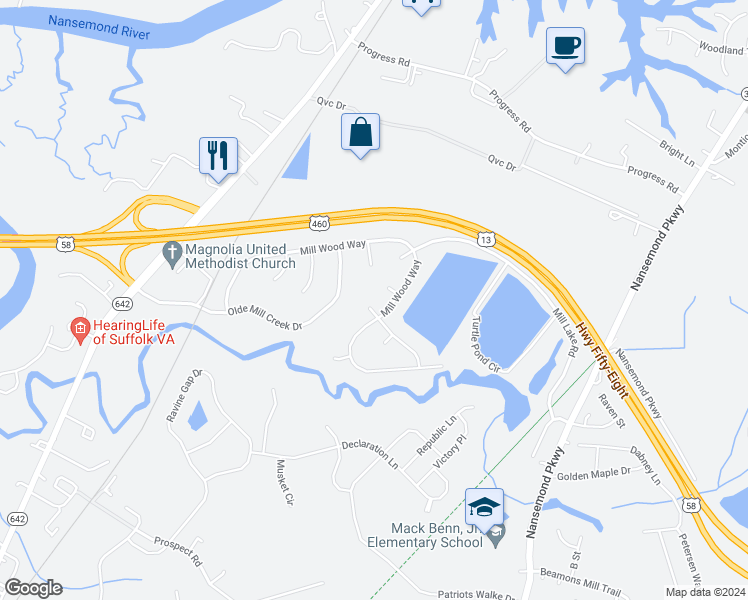 map of restaurants, bars, coffee shops, grocery stores, and more near 1302 Mill Lane Quarter in Suffolk