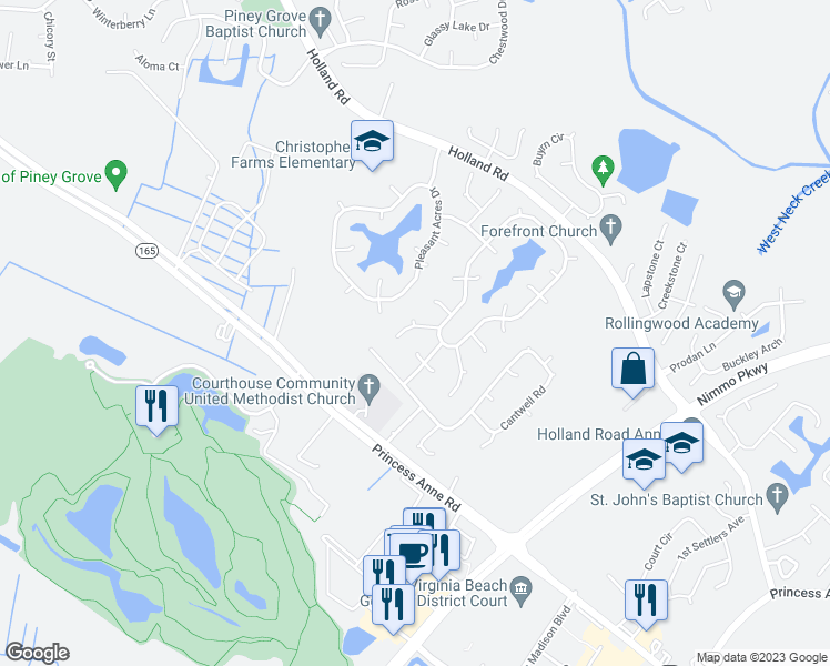 map of restaurants, bars, coffee shops, grocery stores, and more near 2009 Square Dance Court in Virginia Beach