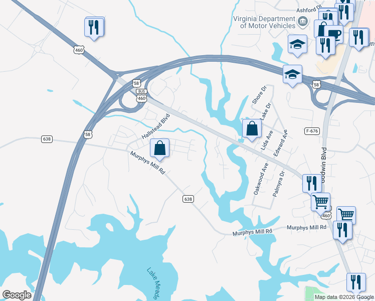 map of restaurants, bars, coffee shops, grocery stores, and more near 2575 Pruden Boulevard in Suffolk