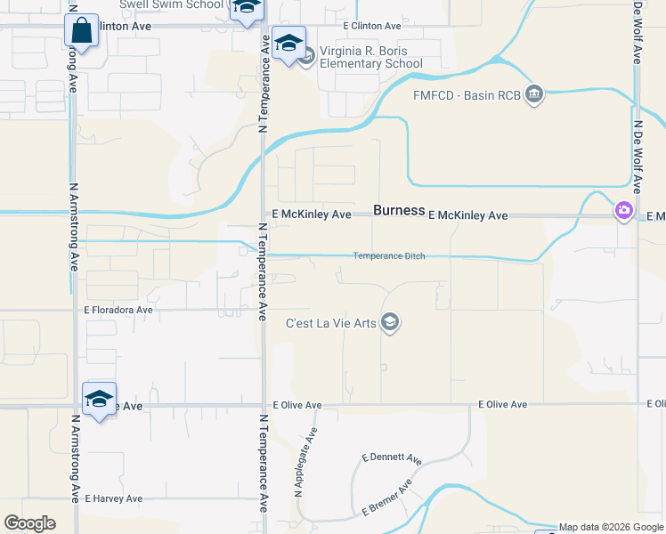 map of restaurants, bars, coffee shops, grocery stores, and more near 7183 East McKinley Avenue in Fresno