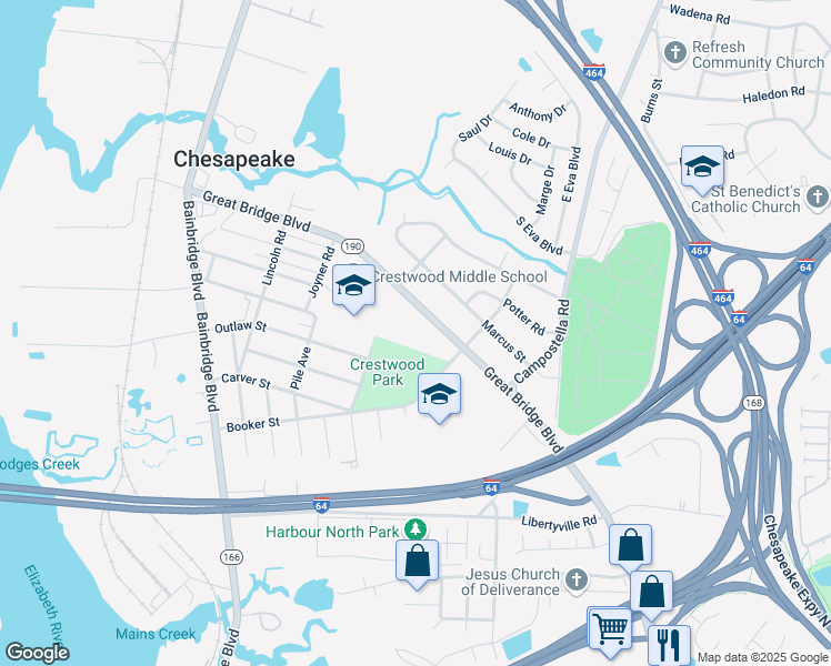 map of restaurants, bars, coffee shops, grocery stores, and more near 1348 Great Bridge Boulevard in Chesapeake