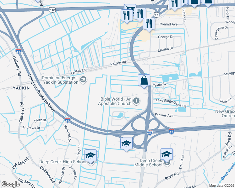 map of restaurants, bars, coffee shops, grocery stores, and more near 2852 Flag Road in Chesapeake