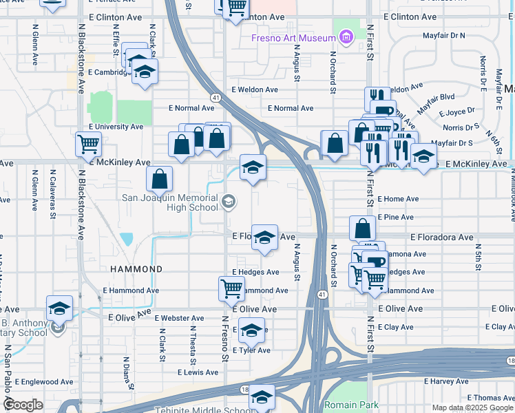map of restaurants, bars, coffee shops, grocery stores, and more near 1406 North Fresno Street in Fresno