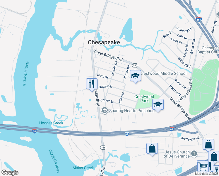 map of restaurants, bars, coffee shops, grocery stores, and more near 201 Outlaw Street in Chesapeake