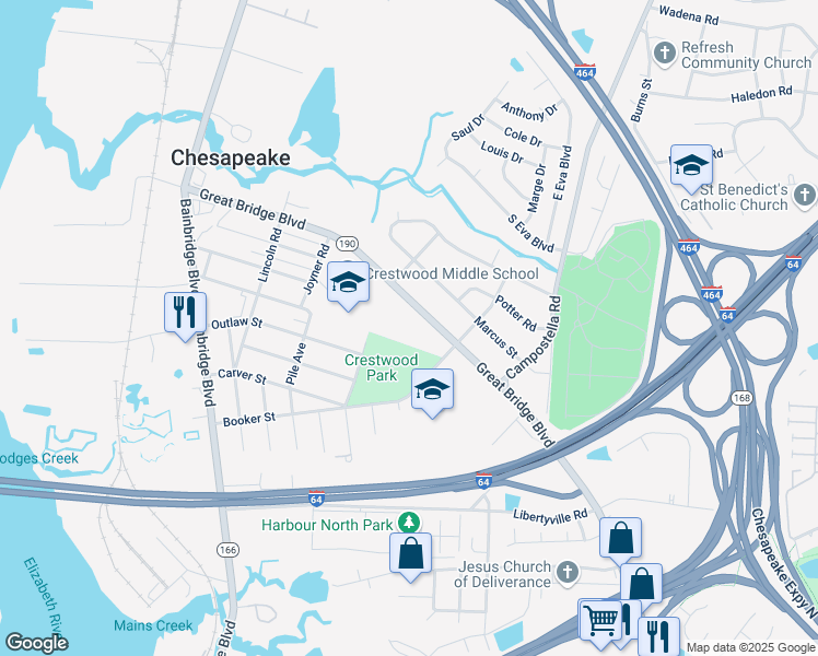 map of restaurants, bars, coffee shops, grocery stores, and more near 1348 Great Bridge Boulevard in Chesapeake